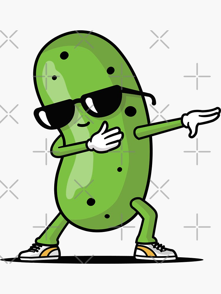 a cartoon pickle wearing sunglasses and pointing