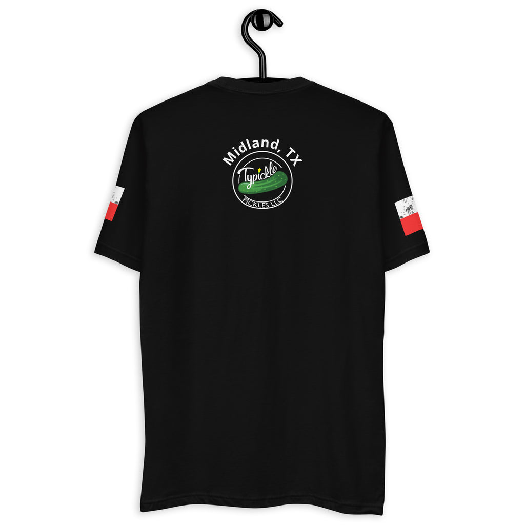 a black t - shirt with a green and red stripe and a typickle logo