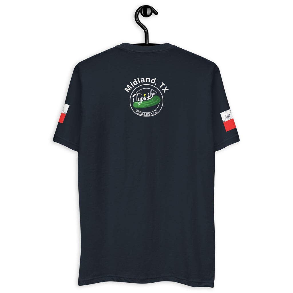 a black t - shirt with a green and red stripe