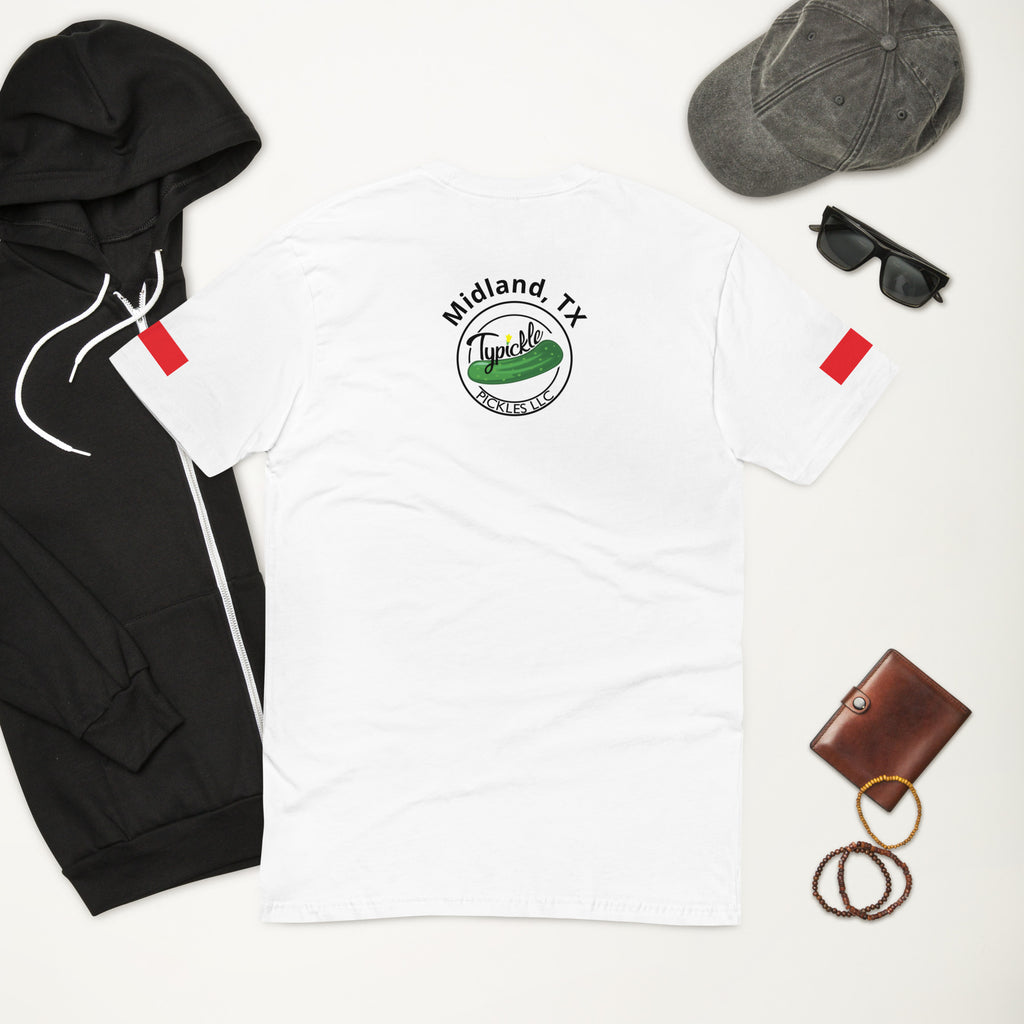 a white t - shirt with a hoodie and a pair of sunglasses typickle logo