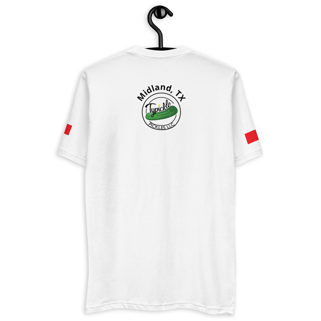 a white t - shirt with a green and red logo